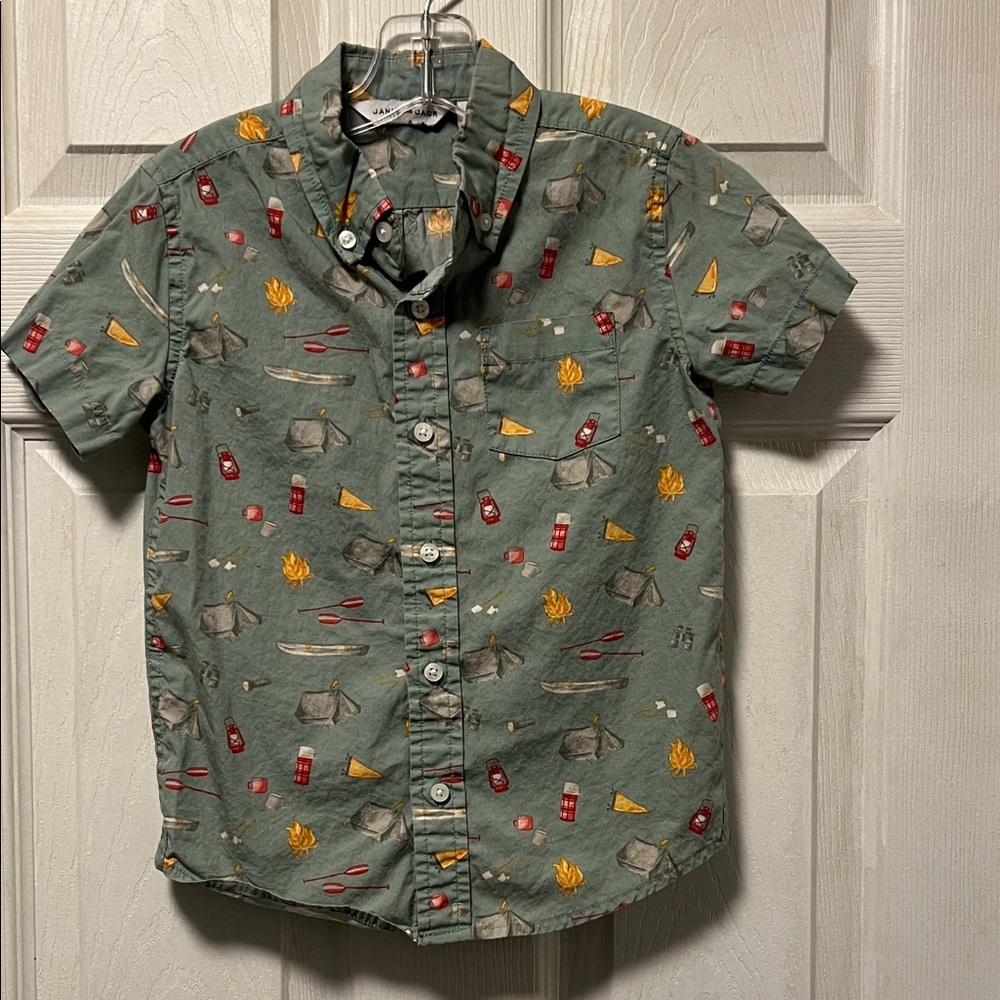 Janie and Jack Green Camping Adventure Print Button Down Shirt Boys Size 4